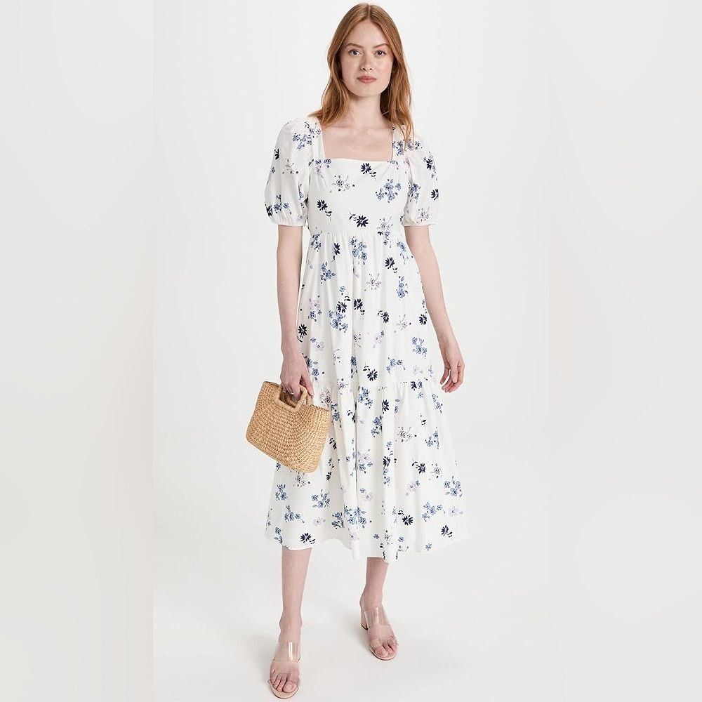 WAYF Tie Back Puff Sleeve Midi Dress S NWOT